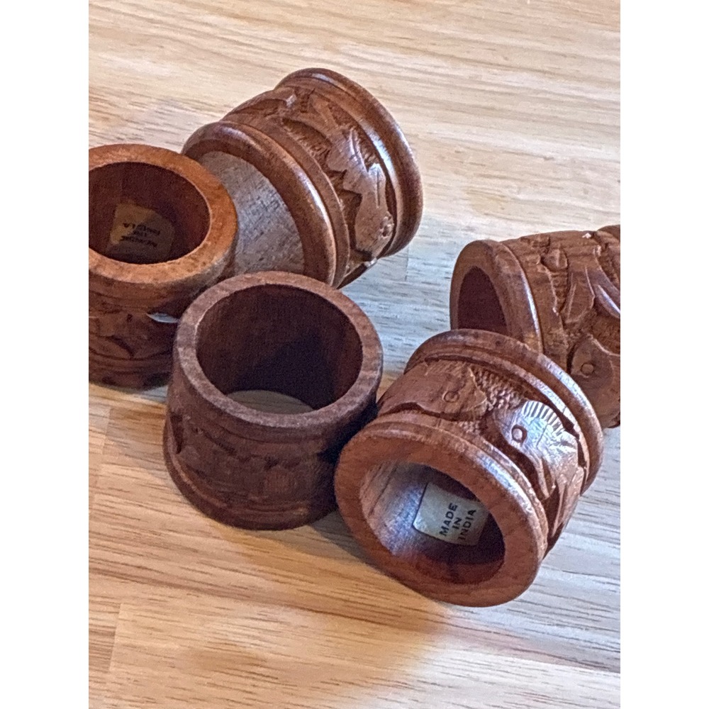 Set of 5 Hand Carved Wood Napkin Rings Fish Motif Made in India Rustic Coastal